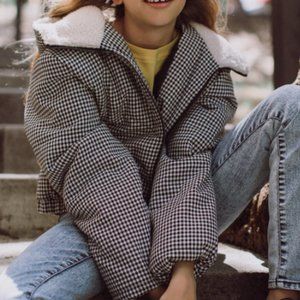 White Fawn Gingham Hooded Puffer Jacket